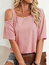 abordables T-shirt uni-Femmes T-shirt Œillet Uni Mode Élégant Classique Manche Courte Col asymétrique Hauts Réguliers Quotidien Sortir Week-end Bleu Noir Blanche Rose Claire Fuchsia Été Printemps