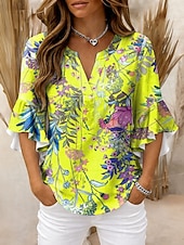 economico Bluse Floreali-Per donna Blusa Volant Stampato Floreale Grafico Vintage Quotidiano Elegante Manica 3/4 Scollo a V Top Regolari Quotidiano Ferie Abbigliamento da vacanza Bianco Giallo Rosa Verde Estate Primavera