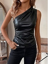 olcso Egyszerű tartály-Női Slim fit felső Műbőr top Fodrozott Cipzár Tunika Elegáns Szüret Stílusos Ujjatlan Aszimmetrikus Félvállas Normál felsők Napi Alkalmi Hétvége Sötétbarna Fekete Nyár Tavasz