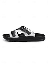 abordables Men-Men's Black and White Double Strap Slide Sandals Open-Toe Comfort Casual Slippers for Resort &amp; Poolside, Beach Vacation, Poolside Relaxing, Travel, Outdoor Leisure and Summer Everyday Wear