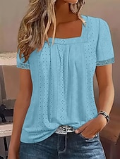 cheap Plain tee-Women's T Shirt Tee Top Eyelet Plain Fashion Stylish Classic Short Sleeve Square Neck Regular Tops Long Tops Daily Going out Weekend Blue Purple Summer Spring