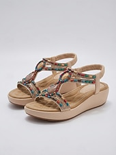 Недорогие Сандалии на танкетке-Женские богемные сандалии с цветочным принтом и Т-образным ремешком — удобные черные прогулочные туфли с красочными объемными цветочными акцентами и эластичным задним ремешком для отдыха на природе, летних фестивалей и поездок на пляж.