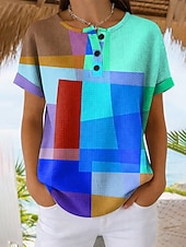  T-shirt en gaufre pour femmes impression graphique géométrique vintage élégant classique à manches courtes col rond hauts réguliers quotidiens bleu rouge violet orange été printemps