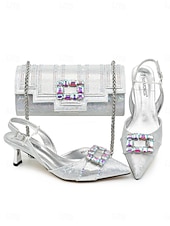 tanie Matka panny młodej/pana młodego-fioletowy satynowy zestaw damski z obcasem i pasującą torebką - elegancki zestaw z paskiem na pięcie, idealny dla matek wybierających się na miejskie wesela