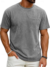 billiga grundläggande t-shirts-Herr T-shirt Tvätta skjorta i 100 % bomull Kortärmad Rund hals Sommar Vår Alla årstider Ensfärgat Elegant Vintage Neutral Ficka Färgade plagg Bedrövad Ledigt Hem Utomhus Svart Rosa Brun Topp t-shirt