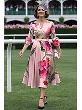  Ligne A Longueur thé Robe de Soirée Robe de Cocktail Robe d'invité de mariage Robe de Mère de Mariée  Demi Manches Col en V Élégant Formel Kentucky Derby Satin avec Imprimé floral