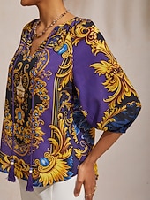 Недорогие Блузки и рубашки-Топ из барочного шифона темно-синего цвета с рукавами 3/4