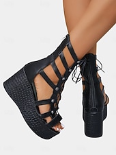 voordelige Platformlaarzen-Dames zwarte gladiatorlaarzen met plateauzool en sleehak, hoge platformsandalen met vetersluiting voor het nachtleven, feestjes en een trendy clubavond. &amp;festivalstijl