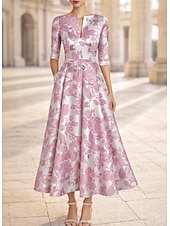 ieftine Rochii Cocktail-Linia -A Lungime Gleznă Lungimea ceaiului Rochie formala Rochii de cocktail Elegant Floral Manșon scurt În V Petrecere în grădină Nuntă Buzunar Jaquard cu Imprimeu Floral Pliuri Buzunar