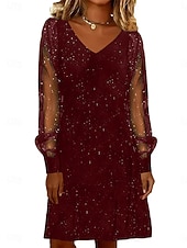 preiswerte abendkleider-Damen Knielanges Kleid Partykleid Cocktailkleid Elegant Mode Modern Abendgesellschaft Party Cocktailparty Normale Passform Stern Langarm V Ausschnitt Schwarz Wein Königsblau Sommer Frühling