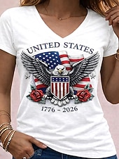  Damen 250. Jubiläums Patriotic T-Shirt Druck Grafik Flagge Vintage Stilvoll Klassisch Kurzarm V-Ausschnitt Reguläre Oberteile Alltag Blau Schwarz Weiß Rot Sommer Frühling