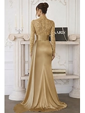 billiga Ballgowns för kvällsbruk-Sjöjungfru trumpet Svepsläp Telång Kvälls klänningar Balklänning med överkjol Formell klädsel Elegant Sidoslits Silkig Långärmad Hög hals Formell Satäng Paljetter med Pärldetaljer Paljett