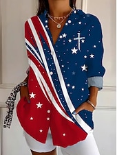  Amerikansk Uavhengighetsdag Dame Skjorte Knapper Trykk Grafikk Amerikas Jubileum Vintage Stilig Moderne Lange Ermer Skjorte Krage Vanlige topper Daglig Blå Svart Rød Rød  Blå Sommer Vår