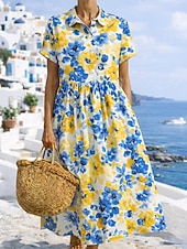 economico Vestito bianco-Per donna Abito Midi Abito Boho Misto lino Abito Camicia Vestito Estivo Elegante Bohemien Etnico Spiaggia Ferie Vestibilità regolare Floreale Grafico Manica Corta Colletto a Camicia Blu Giallo Rosso