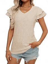 baratos Blusas Elegantes-Mulheres Camisa Social Topo de ilhó Blusa Patchwork Tecido à moda Clássico Moderno Manga Curta Decote V Tops regulares Diário Feriado Para Noite Preto Azul Céu Roxo Claro Laranja Verde Verão Primavera