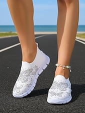 economico Sneakers da donna-Sneakers da donna bianche in maglia con farfalle e strass: scarpe da passeggio leggere e traspiranti, facili da indossare, con suola flessibile antiscivolo, scarpe casual scintillanti per viaggiare,