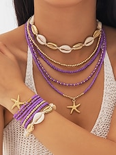 cheap Women's Necklace-Women's Multi-Layer Beaded Necklace and Bracelet Set with Starfish Pendant – Alloy Material, Bohemian Style, Colorful, Perfect for Vacation, Beach and Daily Casual Wear
