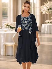 economico Set di abiti per la mamma-Due Pezzi Linea ad A Abito Lunghezza al ginocchio Abito da invitata a nozze Largo Abito da cerimonia per signora Mezza Manica Scollo a Barca Elegante Semplice Formale Ospite di nozze Ricevimento di