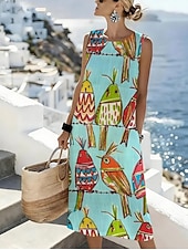 abordables Arte &amp; Design Vestidos-Women's Midi Dress Shift Dress Sundress A Line Dress Vacation Casual Boho Beach Going out Regular Fit Graphic Animal Sleeveless Crewneck White Sky Blue Beige Summer Spring