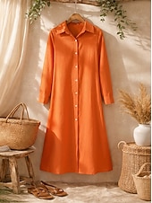 cheap Dresses-Women's Midi Dress Linen-feel Dresses Shirt Dress Casual Dress A Line Dress Fashion Basic Modern Daily Vacation Going out Regular Fit Plain Long Sleeve Shirt Collar Blue Black Wine Orange Spring Fall