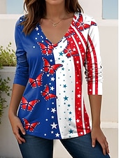  Ημέρα Αμερικανικής Ανεξαρτησίας Γυναικεία Μπλουζάκι Στάμπα Γραφική Πεταλούδα Βίντατζ Στυλάτο Κλασσικό Μακρυμάνικο Λαιμόκοψη V Κανονικά μπλουζάκια Καθημερινά Σαββατοκύριακο