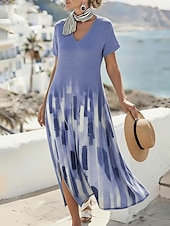 baratos Vestidos Listrados e Geométricos-Mulheres Vestido midi Vestido casual Vestido A Line Vestido estampado Moda Moderno Ao ar livre Férias Final de semana Ajuste Largo Âmbar Geométrica Manga Curta Decote V Azul Rosa empoeirado Rosa Roxo