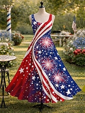  American Independence Day Women's Maxi Dress Sundress A Line Dress Vacation Casual Boho Beach Date Regular Fit Graphic Flag Sleeveless U Neck Blue Summer Spring