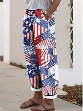  Freizeithose für Damen zum amerikanischen Unabhängigkeitstag, Vintage-Stil, lässige, lange Hose mit hohem Bund, bequem, atmungsaktiv, ohne Gummizug, für den Alltag