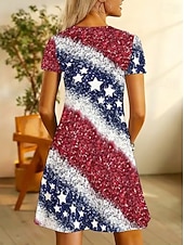  Amerikanischer Unabhängigkeitstag Damen Minikleid Sommerkleid T-Shirt-Kleid A Linie Kleid Urlaub Lässig Boho Strand Normale Passform Grafik Flagge Sternenbanner Kurzarm V Ausschnitt Blau Schwarz