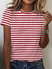 cheap Stripe&amp;Geometric tee-Women's T Shirt Print Striped Graphic Striped Abstract Stylish Classic Casual Short Sleeve Crew Neck Regular Tops Daily Blue Sage Green Pink Red Summer Spring