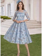 ieftine Lungimea ceaiului-Linia -A Lungimea ceaiului Rochie de dantela Rochie de Cocktail Rochie Mama Miresei Manșon Jumate Guler Cămașă Elegant Epocă Oficial Organza Jaquard cu Broderie Aplică Flori