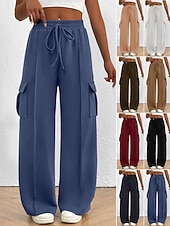 billiga wijde pijpen en hoge taille-Women's Cargo Pants Chinos Vacation Streetwear Casual Full Length Medium Waist Plain Drawstring Pocket Comfy Comfort Micro-elastic Daily Outdoor Street Black White Dark Navy Royal Blue Spring Fall