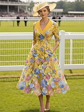 abordables Robes de cocktail-Ligne A Longueur thé Robes de Cocktail Élégant ancien Floral Demi Manches Revers Fête de jardin Mariage Poche Satin Dos Bénitier avec Fleur brodée Broderie Poche