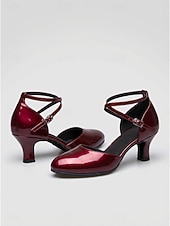 abordables Zapatos de salón y de baile moderno-Zapatos de baile de salón para mujer, color burdeos charol, con tira cruzada, tacón bajo, estilo clásico para vals y foxtrot. &amp;Tacones de baile cómodos y elegantes para practicar.