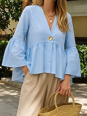 billige Skjorter-Dame Skjorte Bluse Bomullsskjorte Lapper Knapper عادي Stilfull Klassisk Moderne Langermet V-hals Vanlige topper Daglig Ferie Ut på byen Blå Hvit Rosa Himmelblå Grønn Sommer Vår