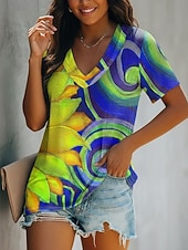  Damen T Shirt Druck Farbblock Sonnenblume Vintage Lässig Boho Kurzarm V Ausschnitt Normale Oberteile Täglich Blau Wein Königsblau Orange Grün Sommer Frühling