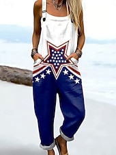  Salopette da donna per il giorno dell'indipendenza, grafica attiva, senza maniche, dritta, scollo quadrato, tasca con taschino, per tutti i giorni, spiaggia, vestibilità ampia, bianca, rossa, blu