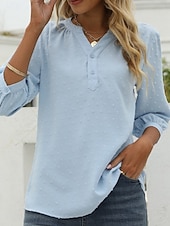 abordables Blusas Sencillas-Mujer Blusa Botones Color sólido Elegante Casual Manga 3/4 Escote en Pico Tops regulares Diario Azul Piscina Verde salvia Negro Blanco Rosa Verano Primavera Otoño
