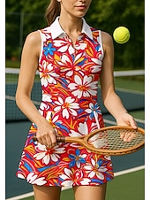 abordables Robe de tennis pour femmes-Femmes Géométrique Floral tenue de sport Robe polo de tennis Sans manches Quart de zip Élastique Évacuation de la transpiration Respirant Volley-ball Tennis Le golf Col Rabattu Robe Bleu Orange