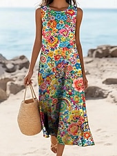  Women's Midi Dress Faux Cotton Linen Shift Dress Sundress Casual Dress Vintage Daily Outdoor Beach Regular Fit Floral Sleeveless Crew Neck Dark Green Purple Green Rainbow Summer Spring