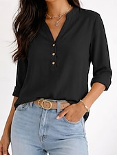 abordables Blusas Sencillas-Mujer Blusa Botones Color sólido Vintage Diario Elegante Manga Larga Escote en Pico Tops largos Diario Azul Piscina Negro Blanco Morado Verde Trébol Verano Primavera Otoño