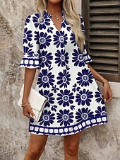 cheap Floral Dress-Women's Mini Dress Shift Dress Casual Dress Print Dress Fashion Modern Daily Vacation Going out Regular Fit Floral Long Sleeve V Neck Blue Black Red Fuchsia Spring Fall