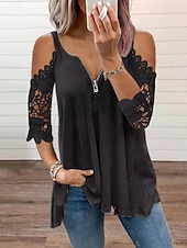 abordables Blusas Elegantes-Mujer Camisa Parte superior con ojales Blusa Tops de encaje Cremallera Ojal Plano Elegante Clásico Moderno Manga Larga Escote en Pico Tops regulares Diario Festivos Noche Azul Piscina Blanco Rosa