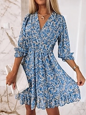 baratos Vestidos Boho-Mulheres Minivestido Vestido Boho Vestido antigo Vestido casual Vestido floral Elegante Moda Moderno Praia Férias Para Noite Normal Floral Meia Manga Decote V Azul Verde Cinzento Verão Primavera