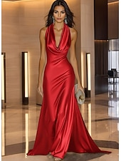 abordables Robes de soirée fourreau-Ligne A Traîne Balayage Robes de Bal Robe de Soirée Tenue de soirée Élégant Style Célébrité Soyeux Sans manches Col Bénitier Fête de jardin Mariage Satin Pailleté avec Froncé