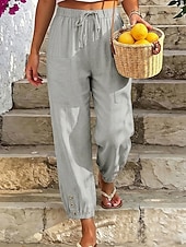 Χαμηλού Κόστους Κάτω-Γυναικεία Βαμβακερό λινό παντελόνι Καλοκαίρι παντελόνι Παντελόνια με κοψίματα Παντελόνι παραλίας Απλός Καθημερινό Ανατομικό Μέχρι τον αστράγαλο Μεσαία Μέση Μονόχρωμες Τσέπη Ελαστική μέση Αναπνέει