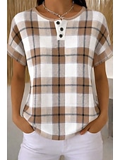 cheap Stripe&amp;Geometric tee-Women's Waffle Textured Knit Tops T Shirt Color Block Graphic Geometry Fashion Basic Modern Short Sleeve Crew Neck Henley Regular Tops Daily Sports Brown And White Black and White Summer Spring