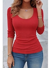 cheap Plain tee-Women's T Shirt Tee Solid Color Elegant Stylish Casual Long Sleeve U Neck Regular Tops Daily Going out Maroon Black White Red Rose Pink Summer Spring