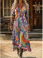  Damskie Sukienka maxi Zabytkowa sukienka Codzienne sukienki Zabytkowe Codzienny Na zewnątrz Urlop Regularny Kwiaty Długi rękaw W serek Czerwony Wiosna Jesień