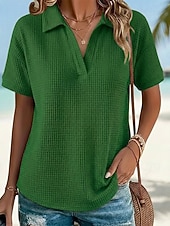  Mujer Camiseta Camisetas polo Tops de punto gofre Camiseta superior Plano Moda Elegante Básico Manga Corta Cuello Camisero Tops regulares Diario Noche Fin de semana Azul Piscina Negro Blanco Naranja